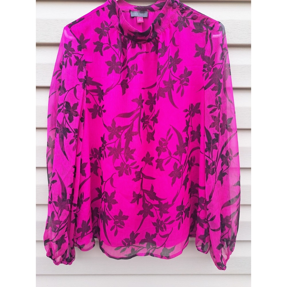 Vince Camuto‎ Women's Bright Magenta Floral Long Sheer Sleeve Lined Blouse Top M
